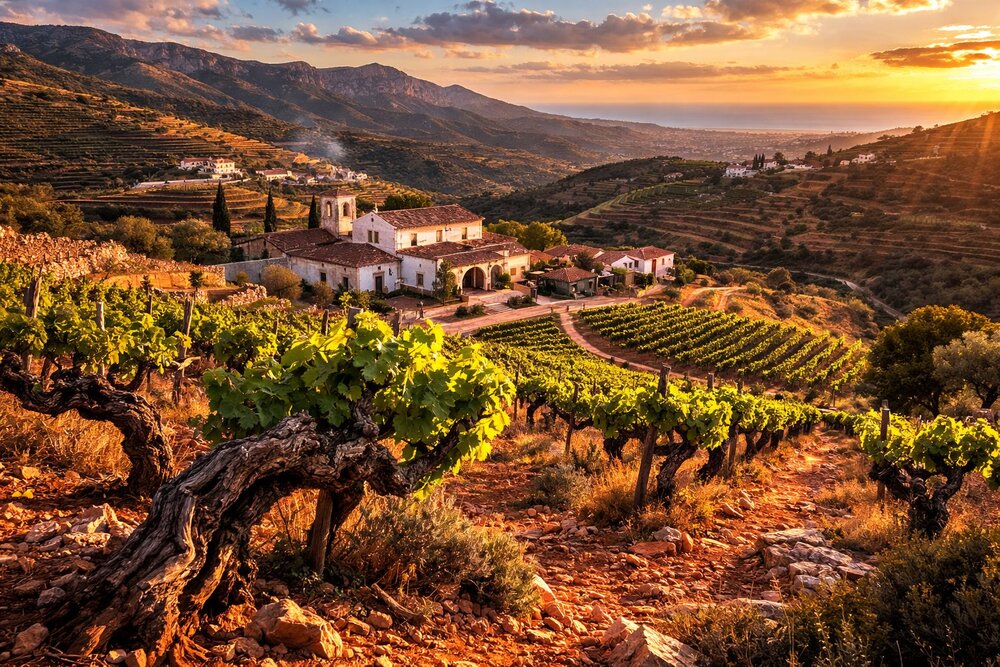 Algerian vineyard in the Atlas Tell mountains with Mediterranean view