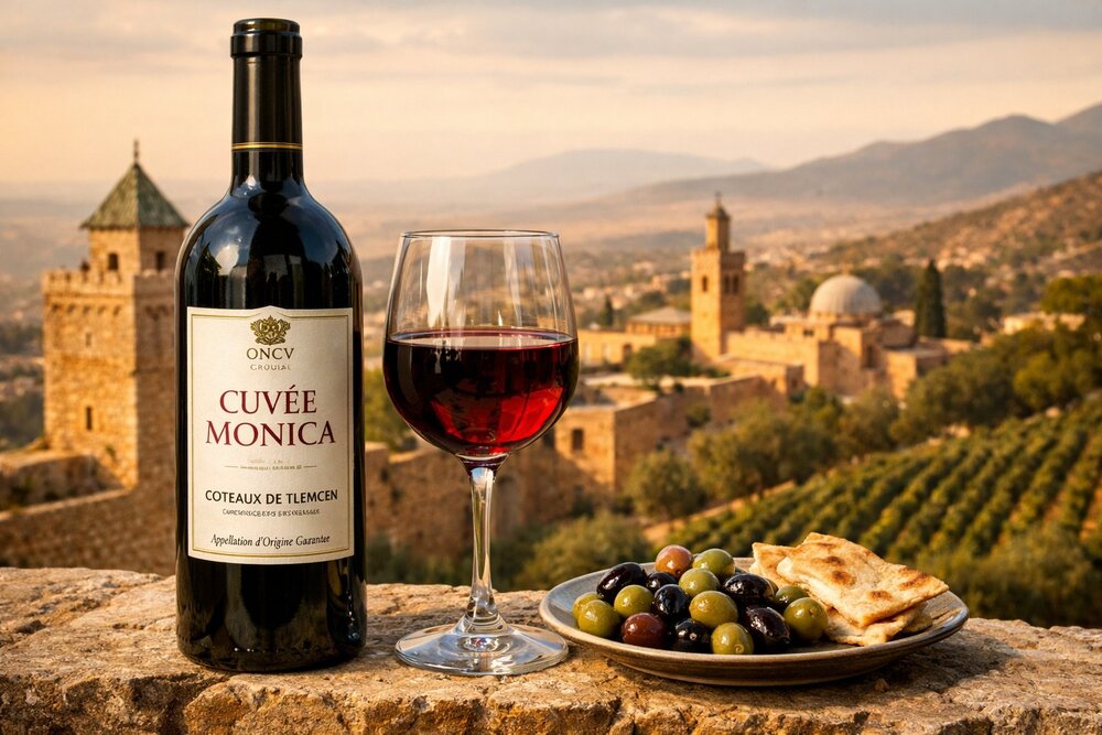 Cuvée Monica — Coteaux de Tlemcen with Moorish minarets