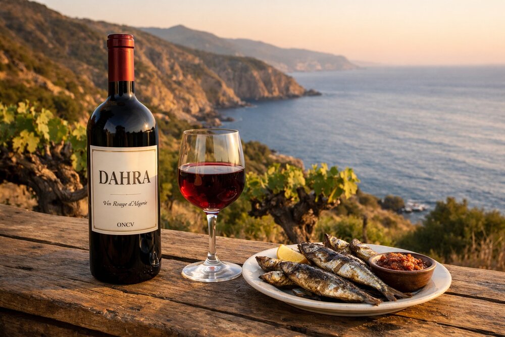 Dahra coastal red wine with grilled sardines on Mediterranean hillside