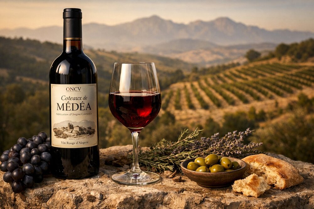 ONCV Coteaux de Médéa red wine with olives and Tell Atlas
