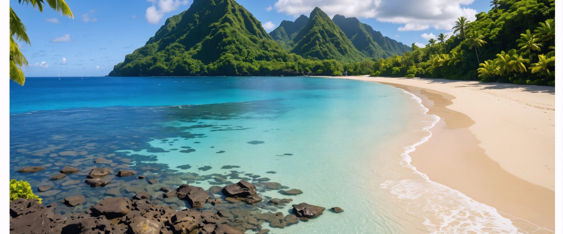 Ofu Beach panorama with volcanic peaks, American Samoa