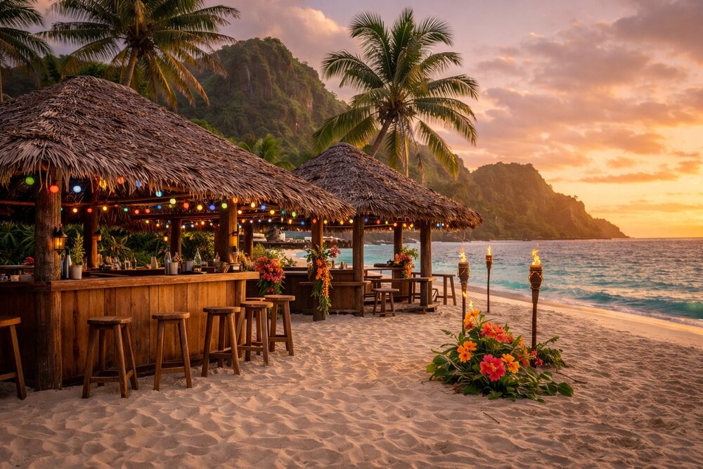 Tisa's Barefoot Bar beach fales at sunset