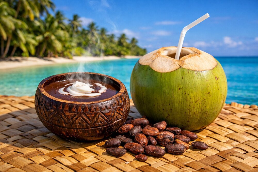 Koko Samoa hot chocolate and young coconut on tropical beach