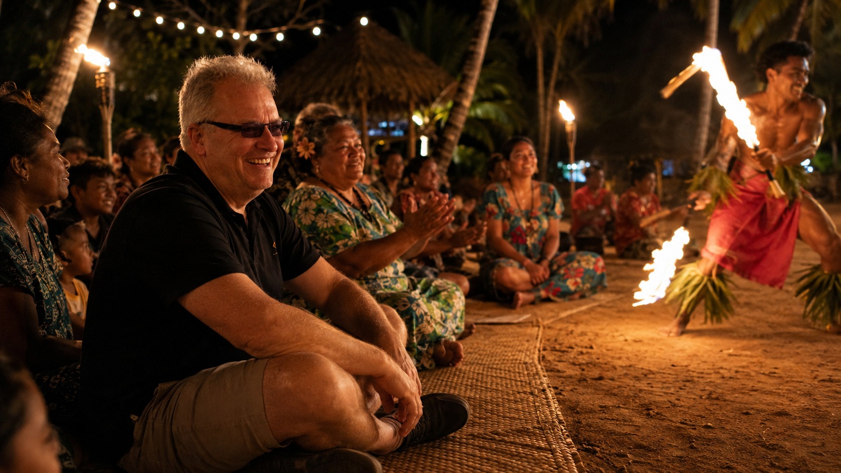Radim Kaufmann sitting among local Samoan families on a woven mat watching a traditional fire knife dance performance at night, torches lit around a beachside fale, the dancer mid-motion with blurred flame trails