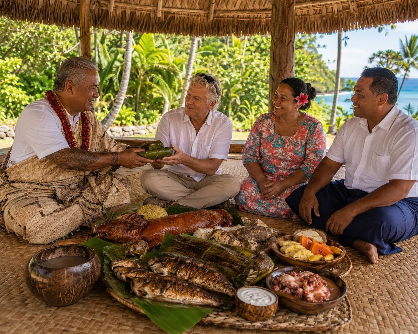 Radim Kaufmann at a traditional Samoan Sunday fia fia umu feast inside an open-sided thatched fale on Tutuila Island with a village matai chief in fine mat and hibiscus ula necklace offering palusami in a banana leaf parcel, the matai's wife in coral puletasi dress with a hibiscus flower behind her ear, the son in navy lavalava, a magnificent umu feast of roasted suckling pig, banana-leaf-baked fish, taro, palusami, octopus in coconut cream and tropical fruit spread on banana leaves before them, turquoise Pacific lagoon visible beyond