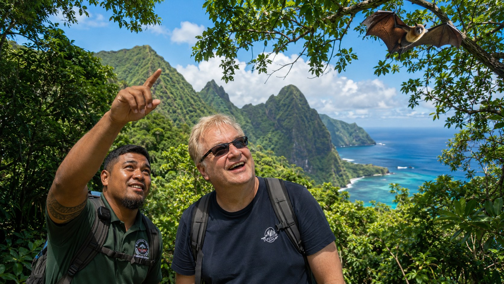 Radim Kaufmann hiking with a park ranger, spotting a flying fox