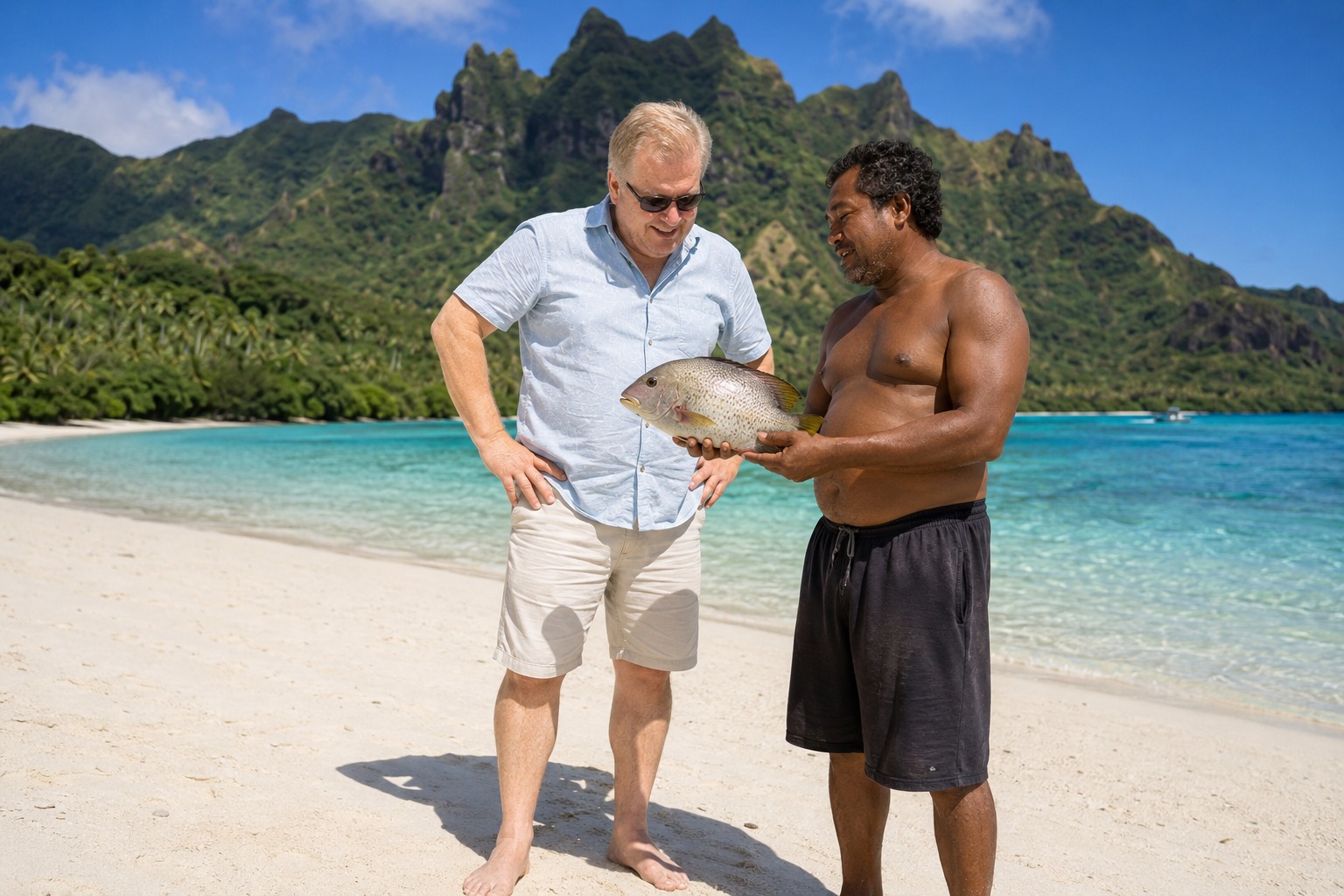 Radim Kaufmann on Ofu Beach talking with a local Samoan fisherman holding a freshly caught reef fish, jagged green volcanic peaks and turquoise lagoon behind them