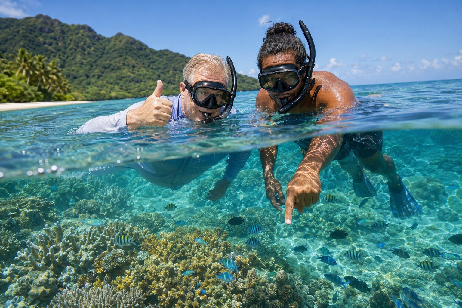 Radim Kaufmann snorkeling at the surface in the National Park of American Samoa giving a thumbs up, a local Samoan guide beside him pointing at a colorful coral reef and tropical fish visible in a split above-and-below water shot