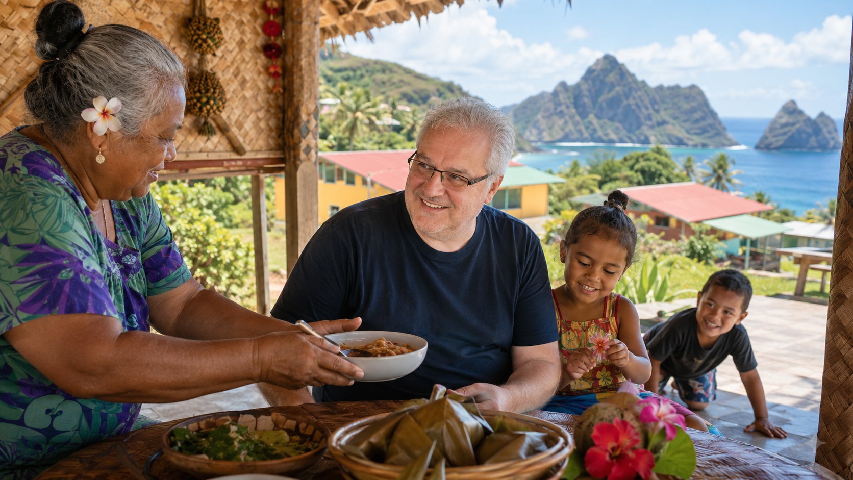Radim Kaufmann sharing a meal with a local family in Vatia