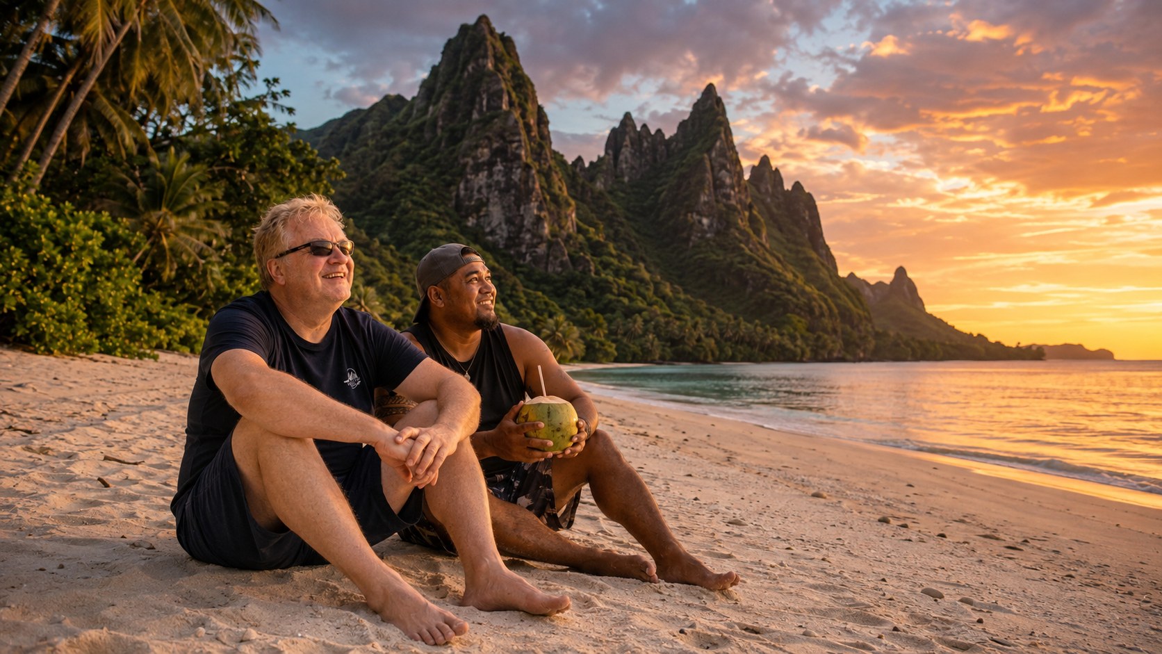 Radim Kaufmann at Ofu Beach sunset with a local friend
