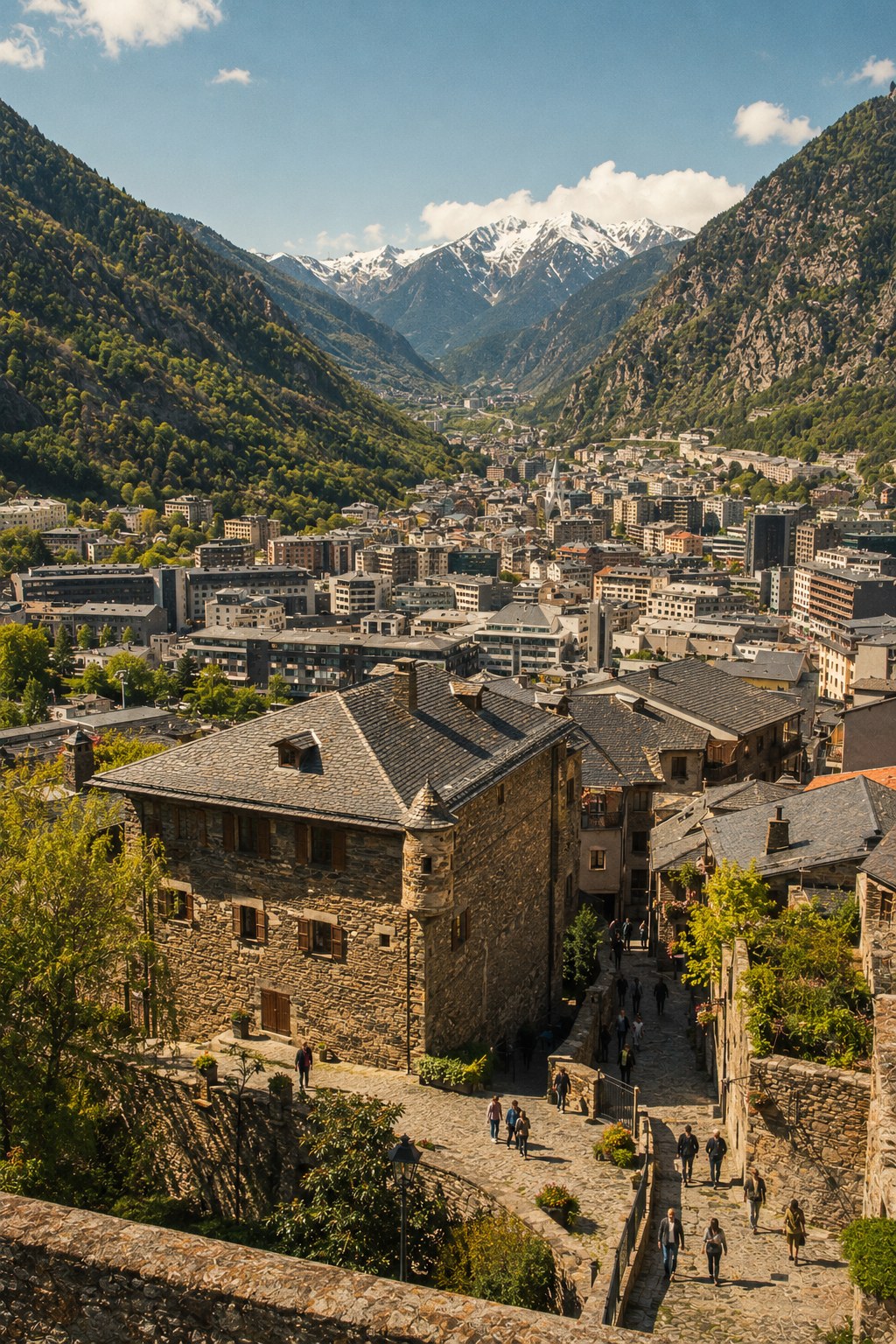 Panoramic view of Andorra la Vella old quarter and the surrounding Pyrenees valley in warm daylight