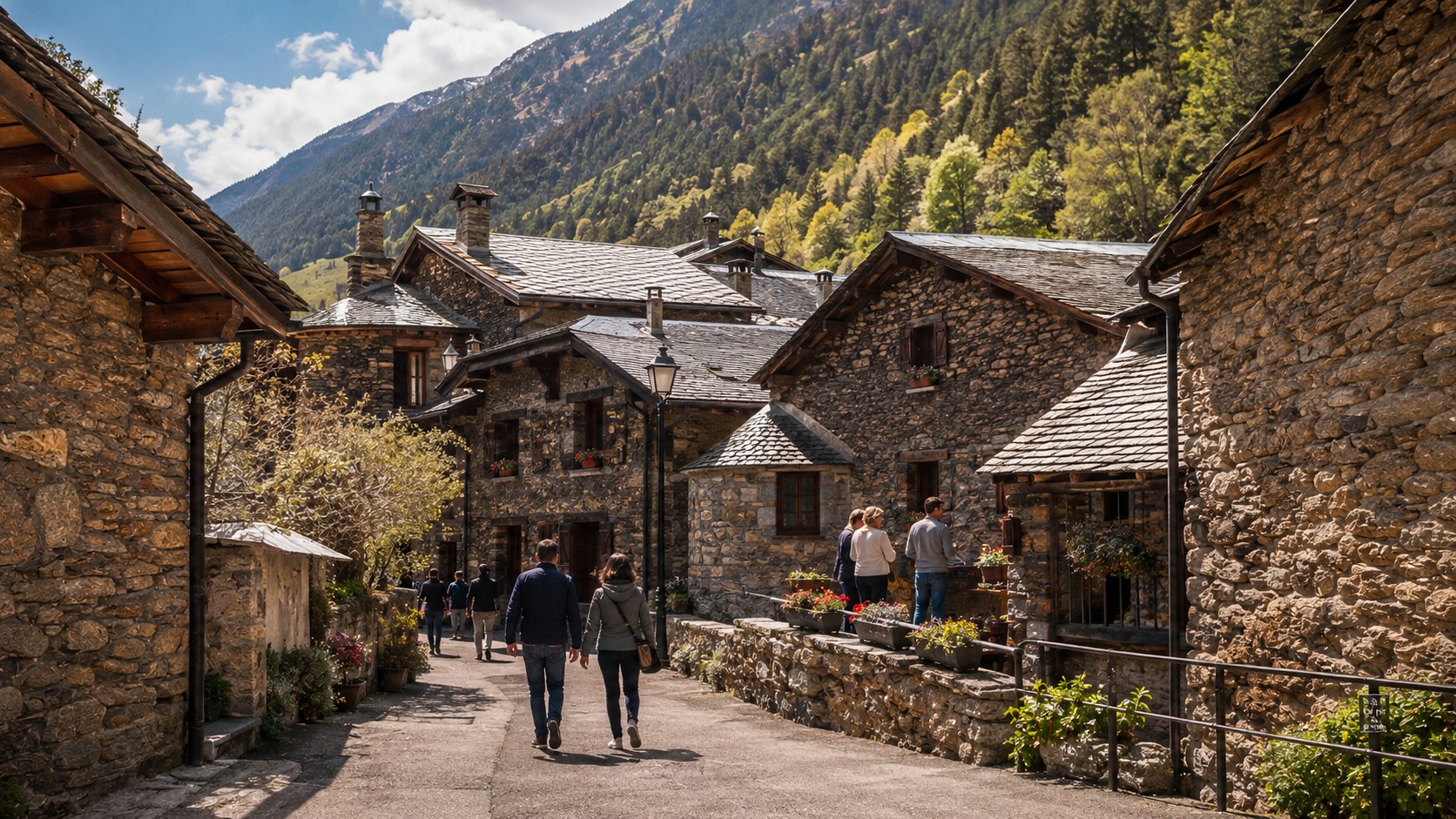 Ordino village stone houses and slate roofs on a quiet street