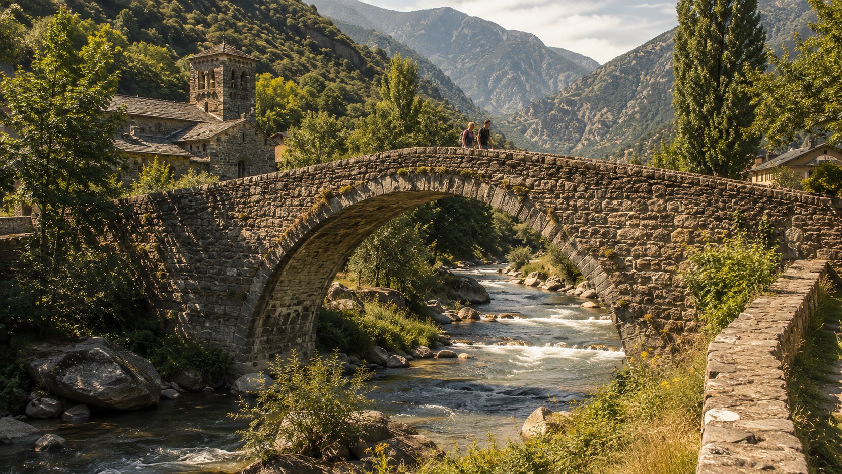 Pont de la Margineda, a 12th-century Romanesque stone bridge over a mountain river in Andorra