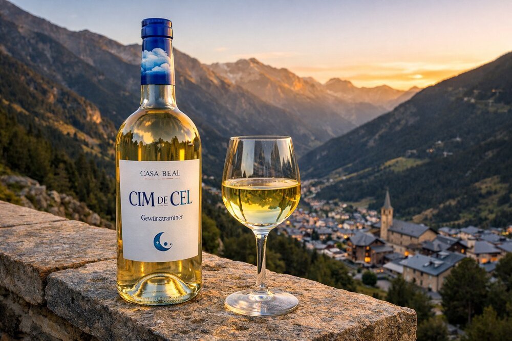 Cim de Cel wine bottle from Casa Beal, Andorra's award-winning high-altitude Gewürztraminer, mountain vineyard in the background