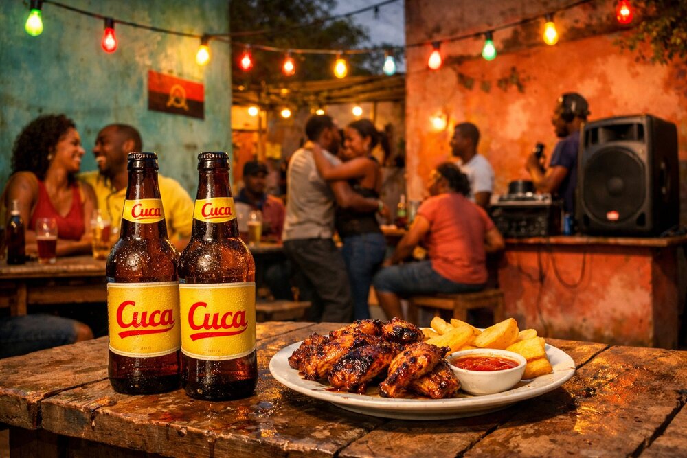 Cuca beer with piri-piri chicken at Luanda quintal