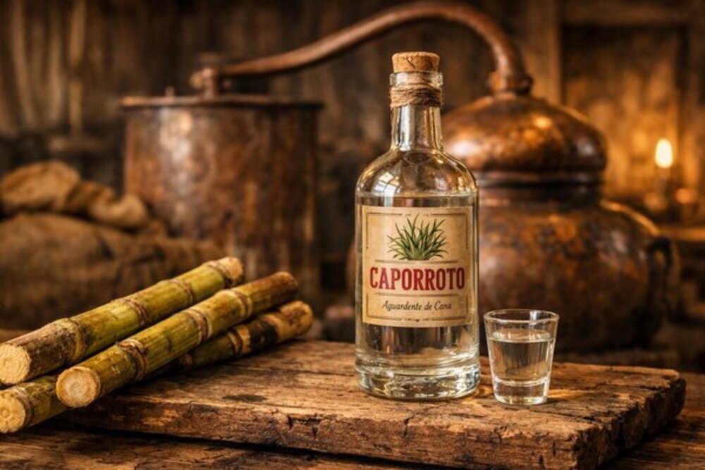 Caporroto sugarcane aguardente with copper pot still in rural distillery