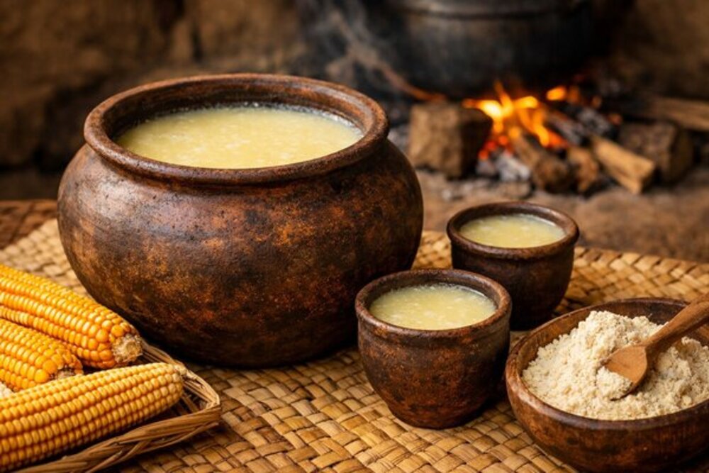 Kissangua fermented maize drink in clay pot with corn and bananas
