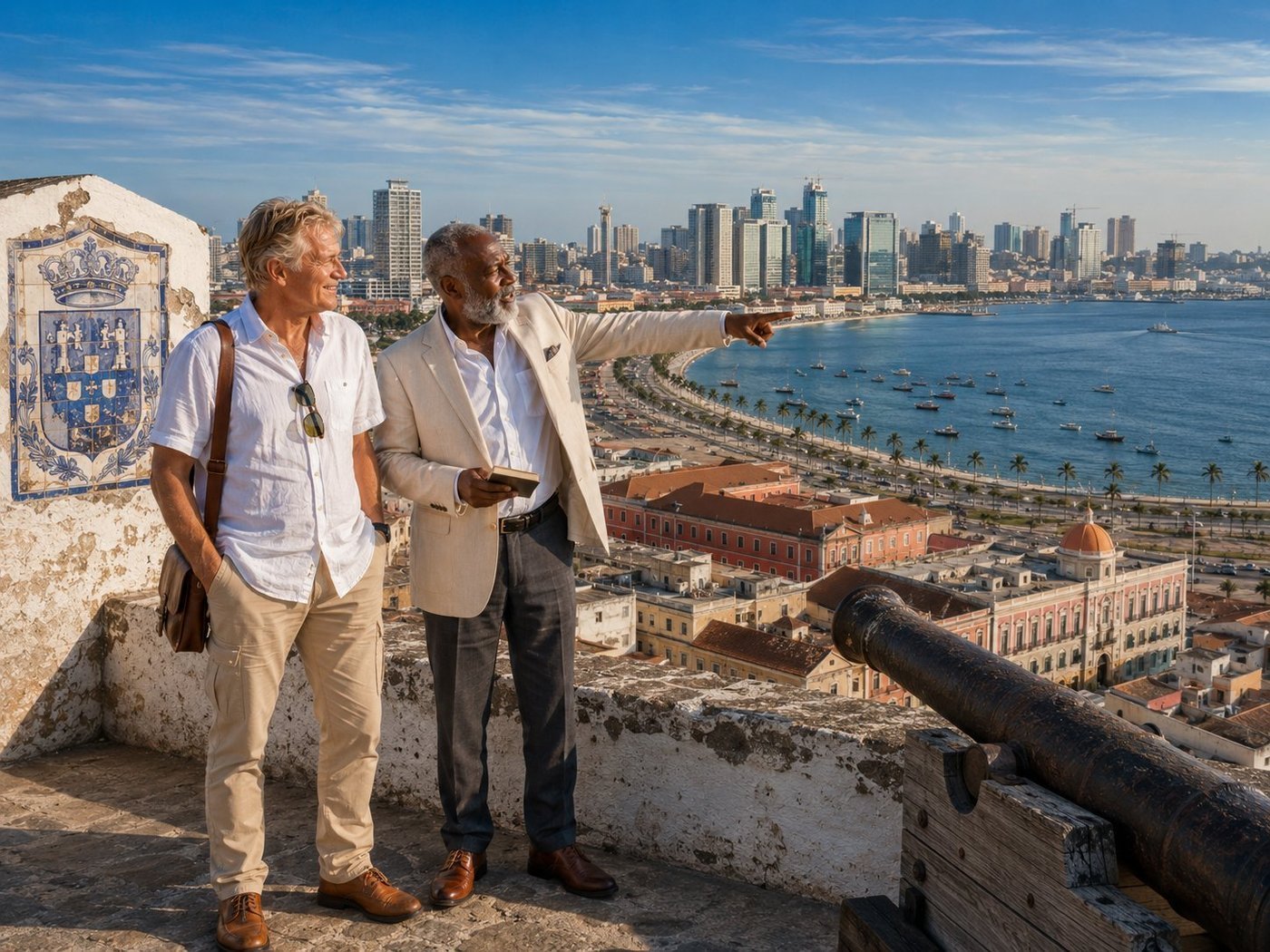 Radim Kaufmann on the star-shaped ramparts of the 1576 Fortuguese Fortaleza de São Miguel in Luanda, Angola, with a distinguished Angolan historian in cream linen suit jacket gesturing across the curve of Luanda Bay toward the modern skyscrapers of central Luanda, the azulejo Portuguese coat-of-arms tile mounted on the wall, a black bronze cannon on the rampart, the palm-lined Marginal promenade and pink-and-cream baroque Cidade Baixa buildings below
