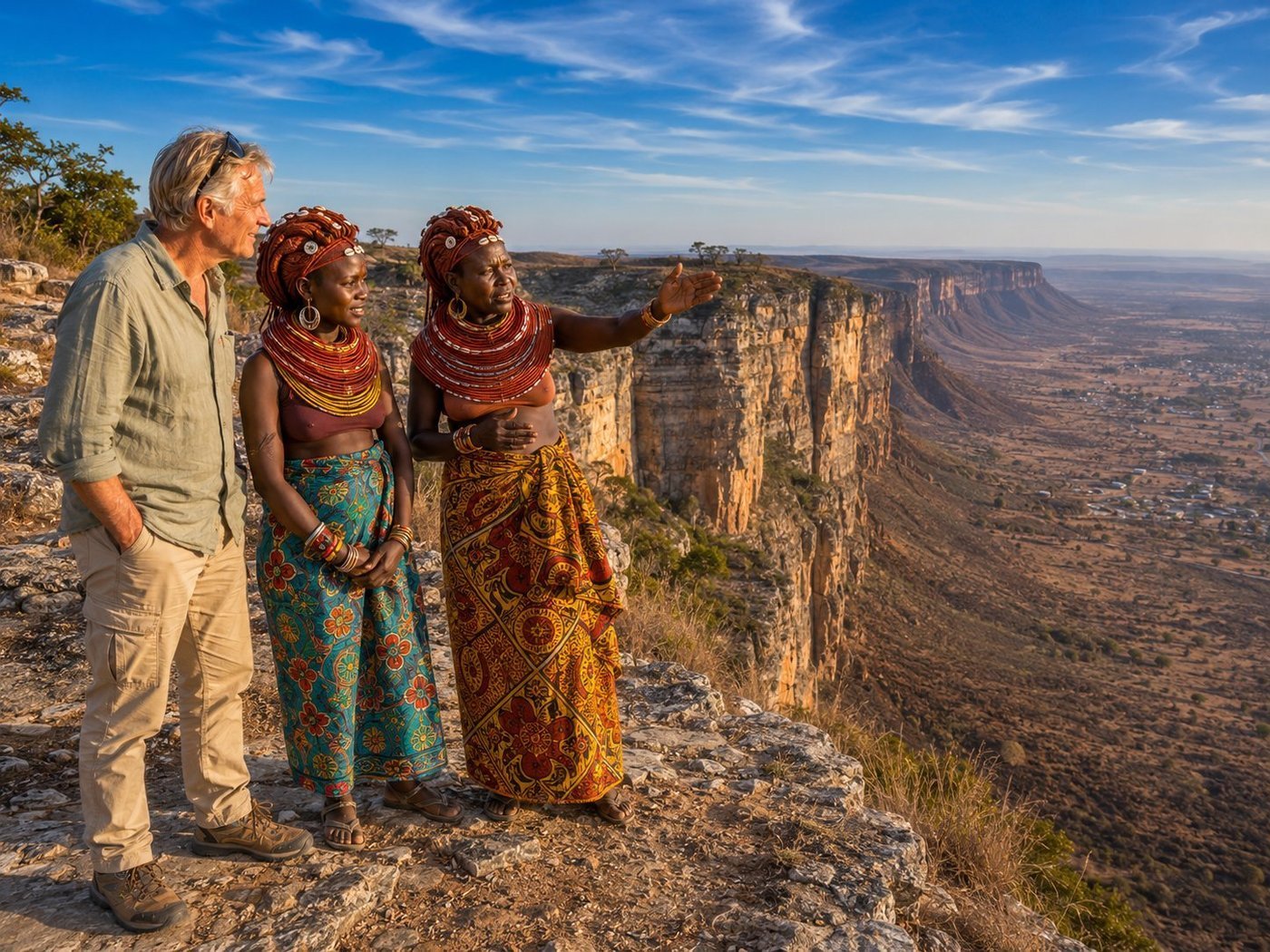 Radim Kaufmann standing respectfully at the edge of the spectacular Tundavala Gap viewpoint in the Serra da Chela mountains above Lubango in southern Angola, with two Mwila Muila women in their traditional nontombi hair styled with red-orange oncula paste and decorated with white seashells and silver medallions, layered vilanda neck collars of red and yellow beads and woven plant fibre, brass bangles, and vivid patterned cotton wrap skirts (one turquoise-and-coral floral, the other yellow-and-orange geometric), the elder gesturing out across the 1,200-metre vertical sandstone escarpment dropping into the Namib lowlands and Huila highlands beyond