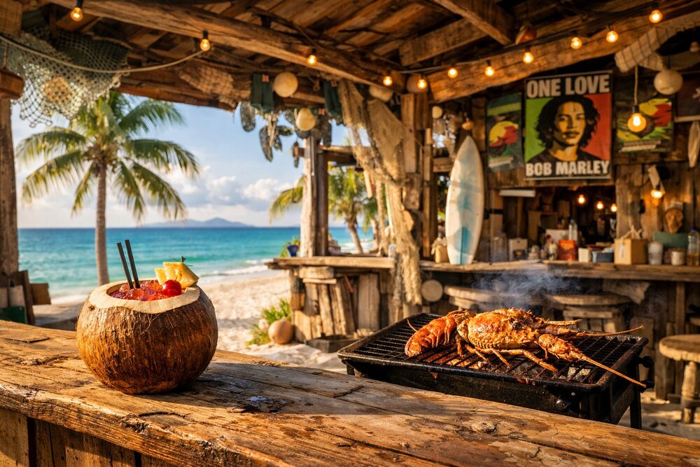 Dune Preserve beach bar with rum punch and grilled crayfish