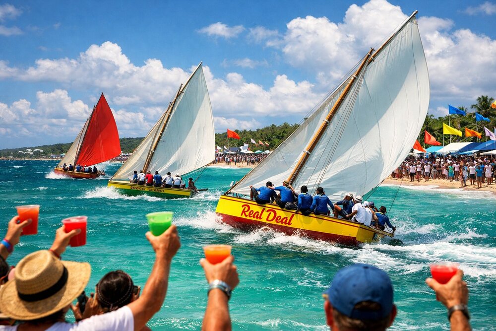 August Monday boat race with spectators cheering