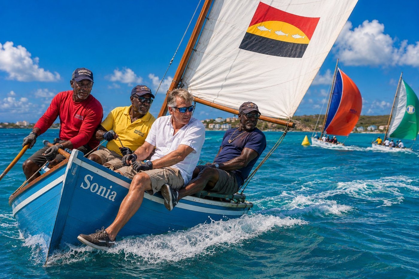 Radim Kaufmann crewing on the traditional wooden Anguillian racing sloop Sonia during the Anguilla Boat Race at Sandy Ground Bay, four crew on the windward rail leaning as live ballast, sail with Anguilla flag emblem and three fish, two competing sloops in the background, yellow inflatable course marker, Caribbean coastline behind