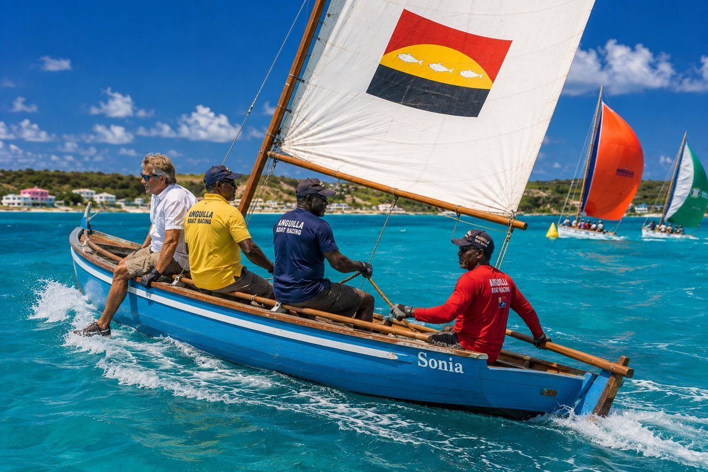 Radim Kaufmann on the Anguillian racing sloop Sonia at the Anguilla Boat Race, captain Glenford visible at the stern holding the long wooden tiller in his right hand, the full sky-blue wooden hull and cockpit interior visible, three Anguillian crew in Anguilla Boat Racing caps positioned along the windward rail, sail with Anguilla flag emblem, two competing sloops in the background, yellow course marker, pastel Caribbean village along the coast