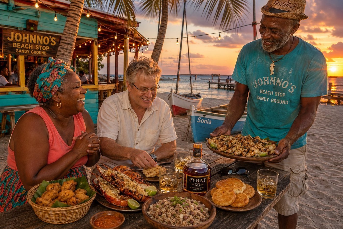 Radim Kaufmann at Johnno's Beach Stop on Sandy Ground Bay in Anguilla at sunset, with Bonnie in coral-pink tank and turquoise headscarf laughing across the wooden picnic table, and Johnno in his Johnno's Beach Stop t-shirt and straw fedora serving a platter of grilled queen conch with lime, the loaded table featuring conch fritters in banana-leaf basket, split-grilled Caribbean spiny crayfish, pigeon peas and rice, golden johnnycakes, pepper sauce, Pyrat XO Anguilla Rum bottle, Pyrat-branded glasses, the racing sloop Sonia pulled up on the beach behind, bare-bulb fairy lights overhead, magnificent Caribbean sunset