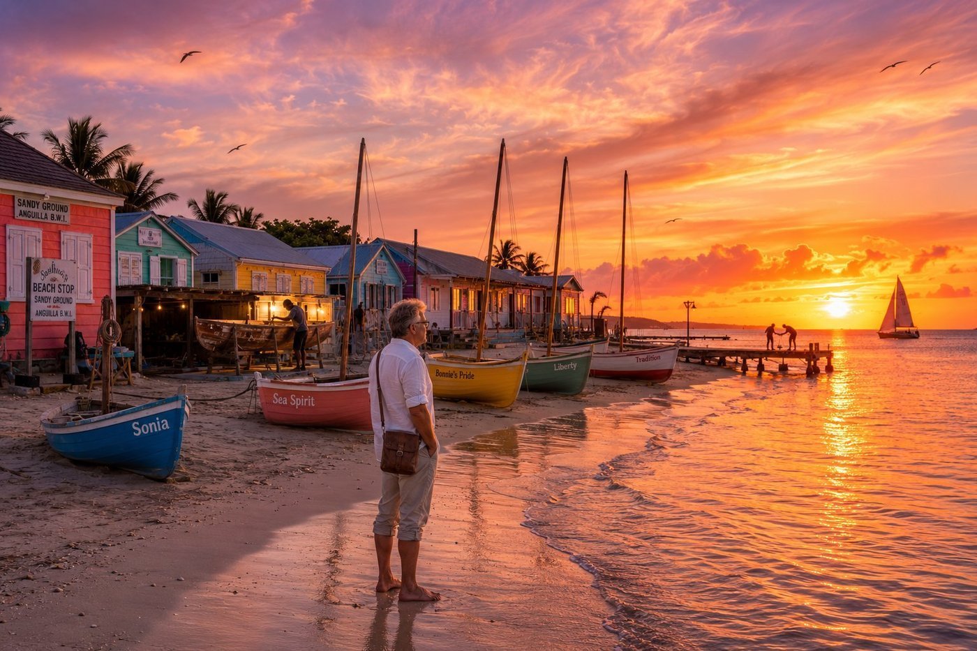 Radim Kaufmann standing barefoot at the water's edge on Sandy Ground beach in Anguilla at sunset, white linen shirt and rolled beige trousers, leather crossbody satchel, contemplating the orange-pink-purple sky, five Anguillian racing sloops Sonia (blue), Sea Spirit (red), Bonnie's Pride (yellow), Liberty (green) and Tradition (red) pulled up on sand, pastel Caribbean village houses with Sandy Ground signage including Southside's Beach Stop, shipwright working on Liberty in the background, two fishermen on the wooden dock, single sailboat on the horizon, frigatebirds in the sky