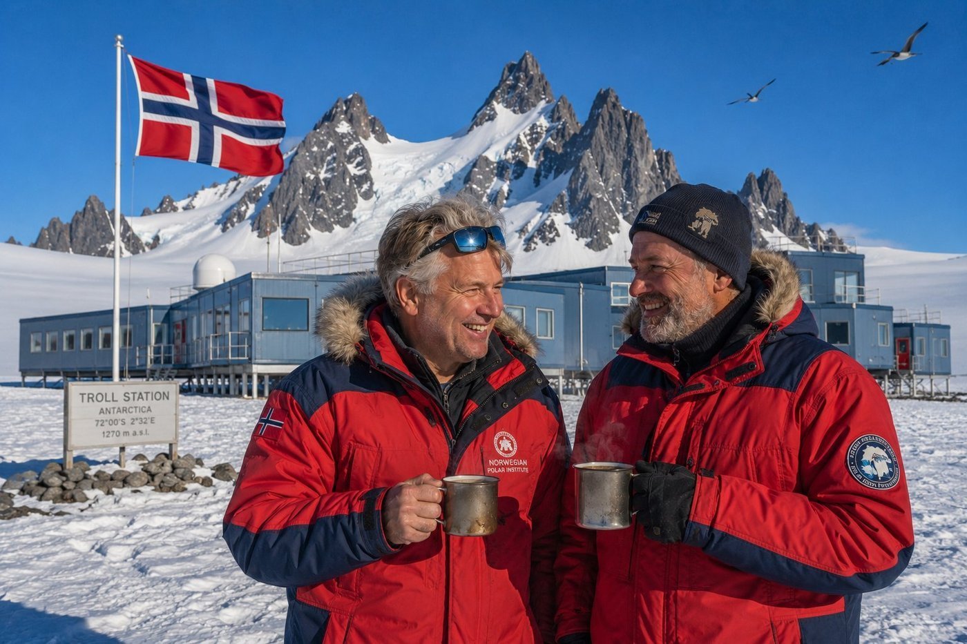 Radim Kaufmann at Troll Station with Norwegian glaciologist Lars from the Norwegian Polar Institute, blue-grey modular buildings of the year-round Norwegian Antarctic research base in Queen Maud Land, Norwegian flag on tall flagpole, dramatic granite spires of Jutulsessen mountains, Troll Station sign showing coordinates 72°00'S 2°32'E and elevation 1270 m a.s.l., both holding steaming metal mugs of coffee, South Polar skuas in flight, brilliant cobalt-blue Antarctic summer sky
