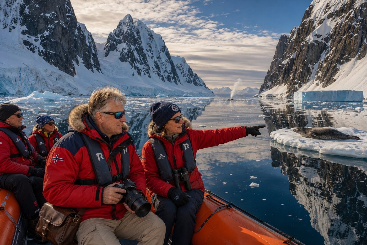 Radim Kaufmann seated at the bow of an orange Zodiac expedition boat in the Lemaire Channel on the western Antarctic Peninsula, with Norwegian expedition guide Astrid pointing toward a Weddell seal hauled out on an ice floe, dramatic vertical ice-and-rock walls rising 1000 metres on both sides, deep blue-black water with perfect mirror reflections, a tabular iceberg on the right, a humpback whale spout in the distance, two other expedition guests visible in the Zodiac, low golden Antarctic sun