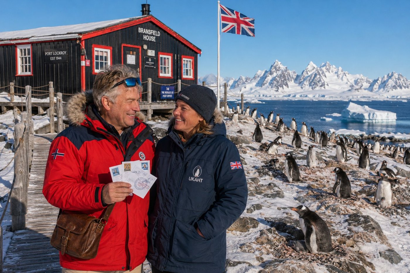 Radim Kaufmann at Port Lockroy on Goudier Island, Antarctic Peninsula, holding three postcards stamped with the Port Lockroy postmark, beside Sophie, a UK Antarctic Heritage Trust volunteer in navy UKAHT parka with the embroidered penguin logo on the chest and Union Jack patch, the historic 1944 black-and-red wooden Bransfield House behind, the Union Jack flying on a tall flagpole, a large colony of gentoo penguins nesting on the snowy rocks around the building, the cobalt-blue waters of Port Lockroy harbour with a tabular iceberg and the snow peaks of Wiencke Island beyond