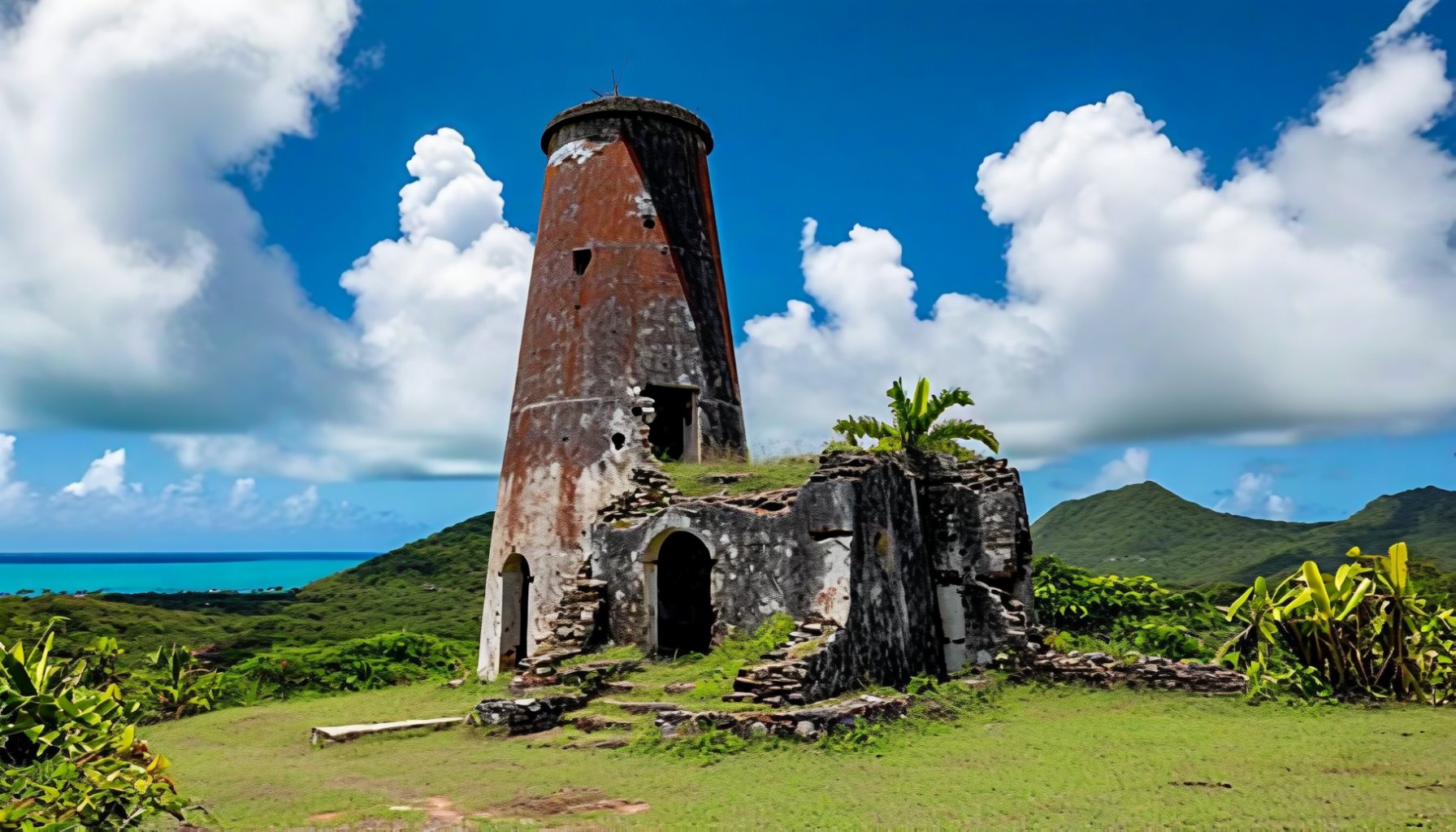 Restored windmill tower at Betty's Hope sugar plantation