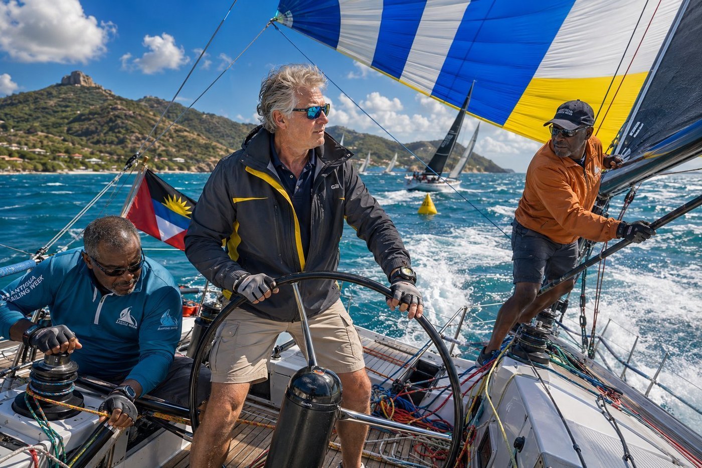 Radim Kaufmann at the helm of a 50-foot racing sailing yacht during the Antigua Sailing Week regatta with two Antiguan crew, blue-white-yellow spinnaker fully filled overhead, Antigua flag flying at the stern, yellow course marker, competing yachts and Shirley Heights silhouette behind