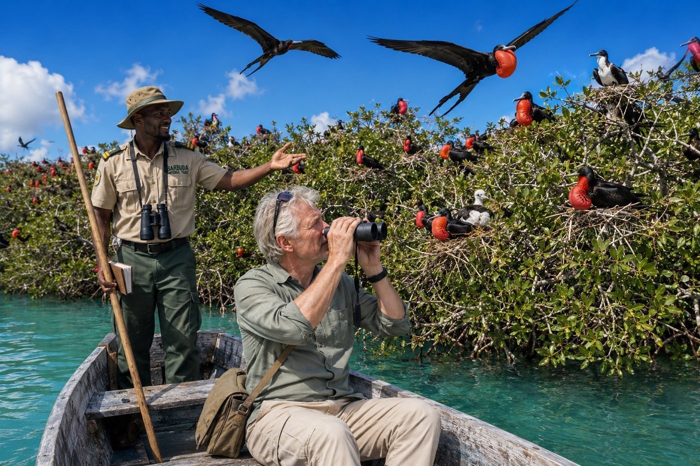 Radim Kaufmann seated in a wooden push-pole boat in the Codrington Lagoon Frigatebird Sanctuary on Barbuda, looking through binoculars at the spectacular nesting colony of Magnificent Frigatebirds with their inflated scarlet-red gular sacs visible on dozens of males in the mangrove branches, a Barbuda National Trust ranger gesturing toward the colony, two frigatebirds in flight overhead with their distinctive forked tails