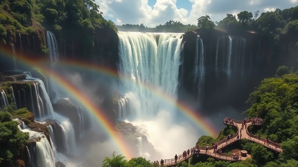 Iguazú Falls with a double rainbow over the cascades