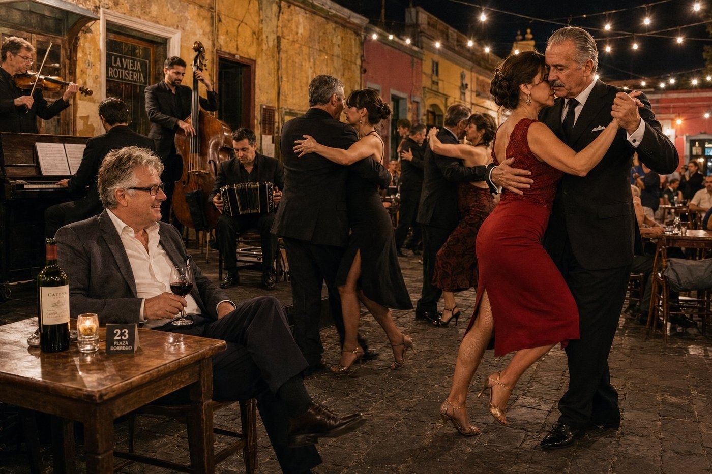 Radim Kaufmann sitting at a candlelit table at the Sunday-evening milonga on Plaza Dorrego in San Telmo, Buenos Aires, wearing a charcoal-grey blazer over a white shirt, leaning back in his chair with a glass of Catena Malbec, the table marked 23 Plaza Dorrego, watching a couple dance tango on the cobblestones: the woman in a red knee-length tango dress executing a gancho in nude stiletto sandals, her partner in a black suit, a full four-piece orquesta típica playing nearby — piano, violin, double bass, and bandoneón — strings of Edison-bulb lights overhead between the pink and yellow colonial buildings, La Vieja Rotisería sign on the wall behind, several more couples dancing on the cobblestones in the warm tungsten light of the plaza