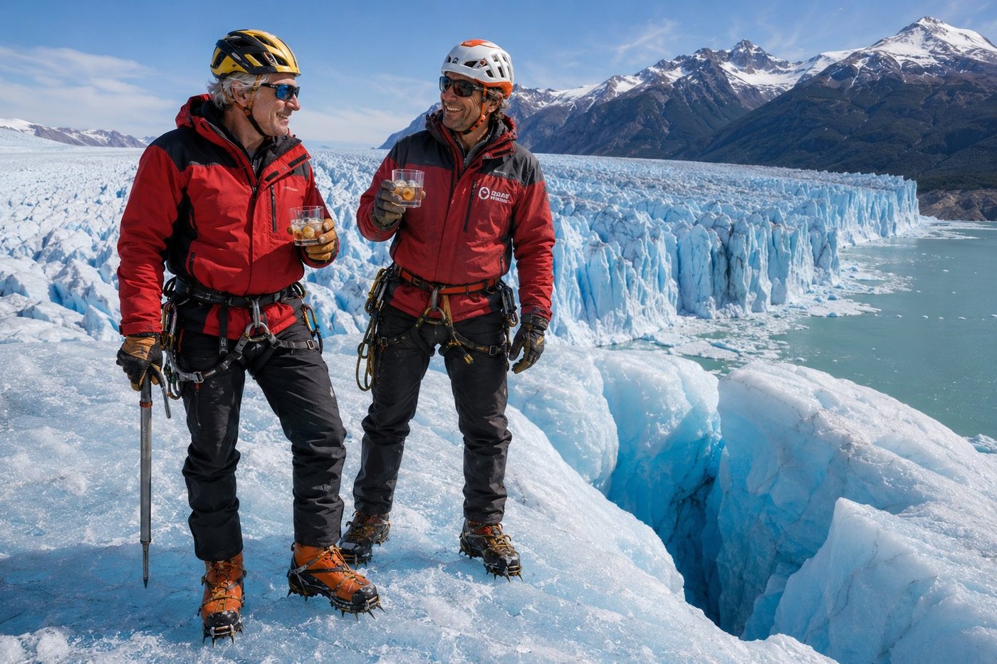 Radim Kaufmann ice trekking on the surface of the Perito Moreno glacier in Los Glaciares National Park, Argentine Patagonia, wearing a red-and-black mountaineering shell, yellow climbing helmet, blue glacier sunglasses, full crampons biting into blue glacial ice, climbing harness with carabiners, an ice axe staked beside him, holding a tumbler with two cubes of pure glacial ice and a finger of Argentine whisky, beside Matías, a 50-something Argentine mountain guide from Hielo y Aventura in matching red-and-black shell and white-orange helmet, both standing at the edge of a brilliant blue crevasse with the 5-kilometre-wide vertical front of the Perito Moreno glacier stretching behind them, Lago Argentino visible on the right, the granite spires of the Cordillera de los Andes rising in the distance, brilliant cold Patagonian sunlight