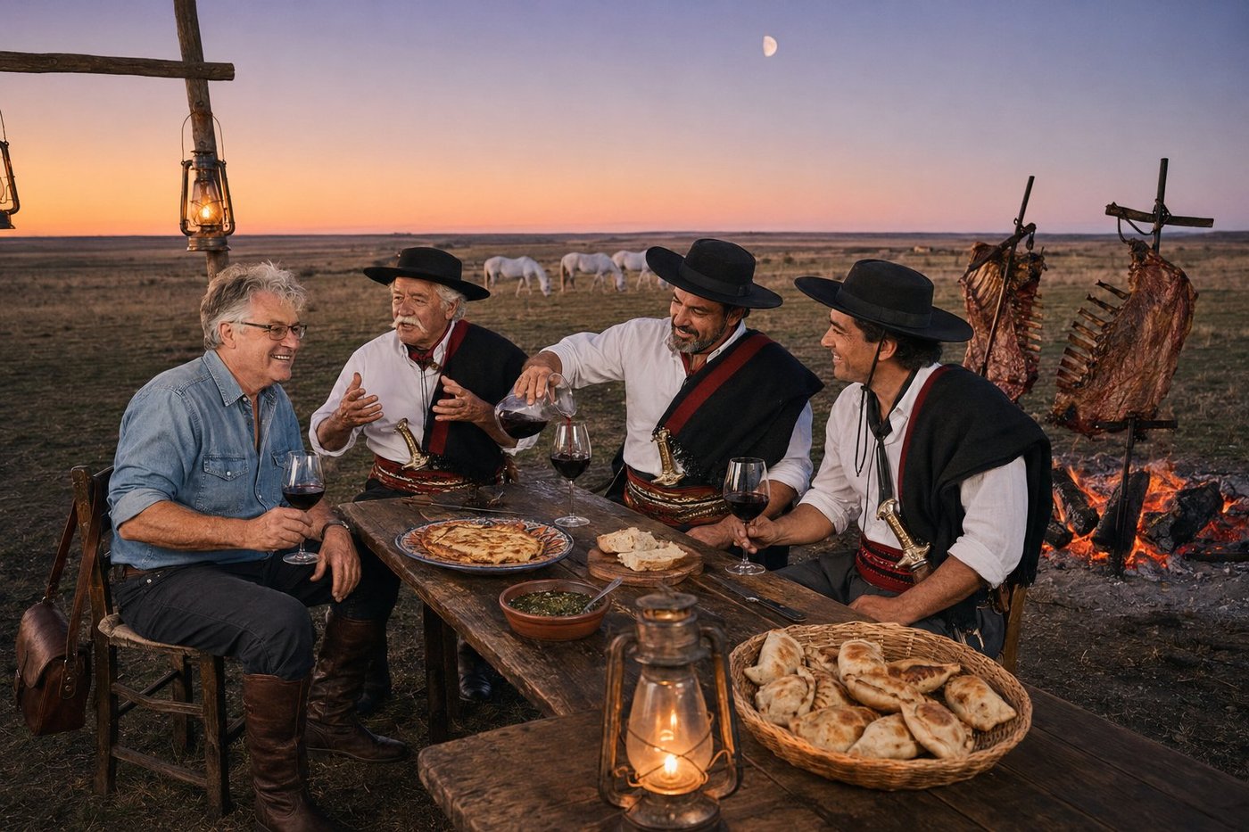 Radim Kaufmann at an asado dinner in the open Argentine pampa at dusk, in a denim shirt with sleeves rolled, sitting at a long wooden plank table with three Argentine gauchos — Don Eduardo in his 60s with a white walrus moustache, Hernán pouring more Malbec from a hand-blown decanter, Joaquín in his 40s laughing — all three in classic gaucho rig of black flat-brimmed hats, white shirts, dark wool ponchos thrown over one shoulder, wide red-and-black faja sashes, ornate silver-handled facón knives in leather sheaths, a side of beef ribs spit-roasting asado a la cruz on iron crucifixes over glowing quebracho embers in the background, three white Criollo horses grazing in the middle distance, a half-moon in the lavender sunset sky, two oil hurricane lanterns hanging from a wooden frame, a wide straw basket of empanadas in the foreground, chimichurri in a clay bowl, provoleta on a hand-painted platter, four glasses of Malbec on the worn wooden table
