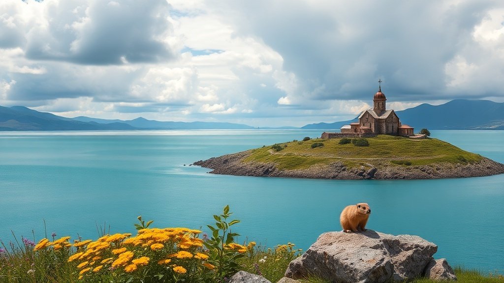 Lake Sevan, the Blue Pearl of Armenia, from the Sevanavank peninsula
