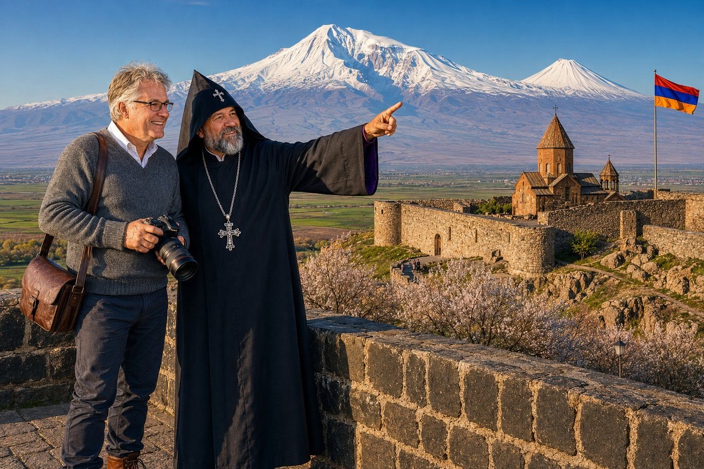 Radim Kaufmann on the terrace of Khor Virap Monastery in southern Armenia with Father Tigran, an Armenian Apostolic priest in black cassock and pointed vardapet hood and silverwork pectoral cross pointing toward the snow-capped twin peaks of Mount Ararat — Masis and Sis — rising above the basalt walls of the 17th-century monastery, the green Ararat Plain stretching beyond, a grove of flowering apricot trees below the walls, an Armenian tricolour flag