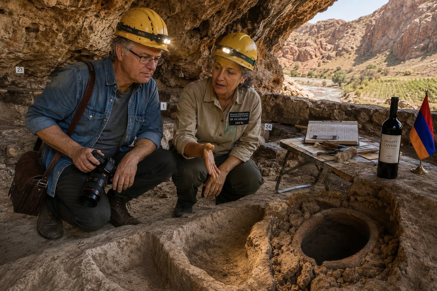 Radim Kaufmann crouching inside the Areni-1 Cave in the Vayots Dzor canyon of southern Armenia beside Dr. Anahit Sargsyan, an Armenian archaeologist from the Institute of Archaeology NAS RA, both wearing yellow Petzl hardhats with headlamps lit, examining the 6,100-year-old grape press and clay karas fermentation vat sunk into the cave's bedrock floor — the oldest known winery on Earth, dated to 4100 BC; numbered excavation grid markers on the cave walls, a folding camp table with field notes and tools, a bottle of modern Armenian Trinity Canyon Vineyards Areyi wine and an Armenian tricolour flag placed beside the dig, and the red-ochre cliffs of the Arpa River canyon with a green vineyard visible through the cave mouth