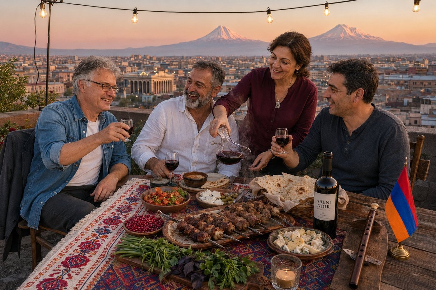 Radim Kaufmann at a rooftop khorovats dinner in central Yerevan at golden hour with three Armenian friends Hovhannes the host laughing in a white linen shirt, his wife Lilit pouring Areni Noir red wine from a hand-blown decanter, and Karen in a slate-grey henley returning a toast — the table laden with steaming charcoal-grilled pork tenderloin skewers, fresh-baked lavash in a woven basket, fresh tarragon basil and dill, a wooden bowl of bright ruby pomegranate arils, achichuk grilled-tomato salad, brined cheese and olives, an Areni Noir wine bottle, an Armenian tricolour flag and a duduk clay flute on the table — bare-bulb fairy lights overhead and the pink-tuff buildings of Yerevan and the twin snow-capped peaks of Mount Ararat lit pink by the sunset on the horizon