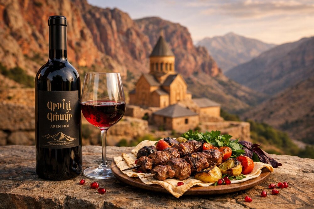 Areni Noir wine with khorovats at Noravank