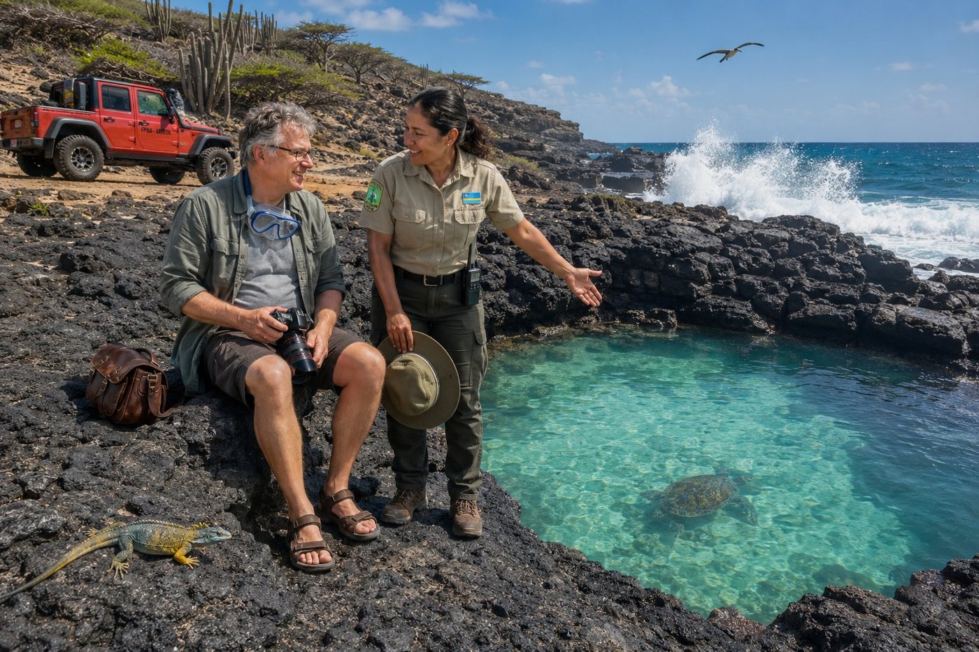 Radim Kaufmann sitting on the dark volcanic basalt rim of Conchi Natural Pool inside Arikok National Park on the wild north coast of Aruba beside Glenda an Aruban park ranger in official Parke Nacional Arikok uniform pointing into the crystal-clear turquoise water of the wave-carved natural pool where a green sea turtle drifts along the sandy bottom, the rugged ribbed volcanic basalt coastline crashing with three-metre Atlantic surf on the outside of the protected pool, an endemic yellow-and-blue-green Aruban whiptail lizard basking on a foreground rock, a red FPNA-marked Jeep Wrangler parked on the dirt track behind, organ-pipe cactus and divi-divi trees on the upper terraces, a frigatebird overhead