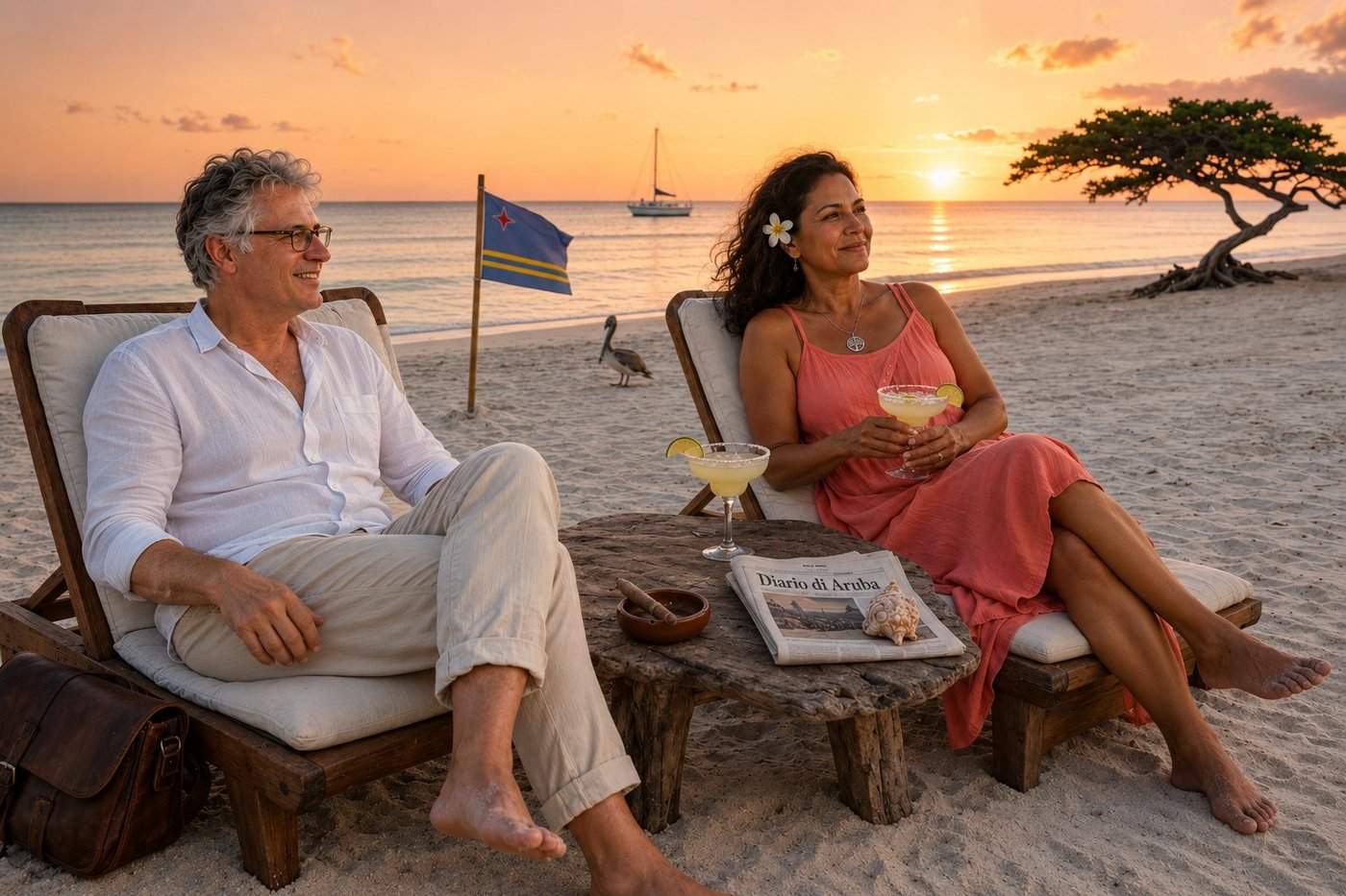Radim Kaufmann sitting in a low wooden beach lounger on the soft white powdery coral sand of Eagle Beach in Aruba at golden hour beside Sofia an Aruban friend in a flowing pale-coral linen sundress with a white frangipani flower behind her ear holding a classic salt-rimmed margarita coupe with lime wedge, a small driftwood side table between their loungers carrying two classic margarita coupes, a clay ashtray with a lit Cohiba cigar, a folded Diario di Aruba newspaper and a weathered conch shell, the Caribbean Sea turning peach-coral as the sun is low on the horizon, a single wooden sailboat anchored offshore, the famous Eagle Beach fofoti tree silhouetted on the right edge of frame, a brown pelican on the sand near the surf line, a small Aruban flag on a slim wooden pole pushed into the sand behind the loungers, peach-to-lavender Aruban sunset sky