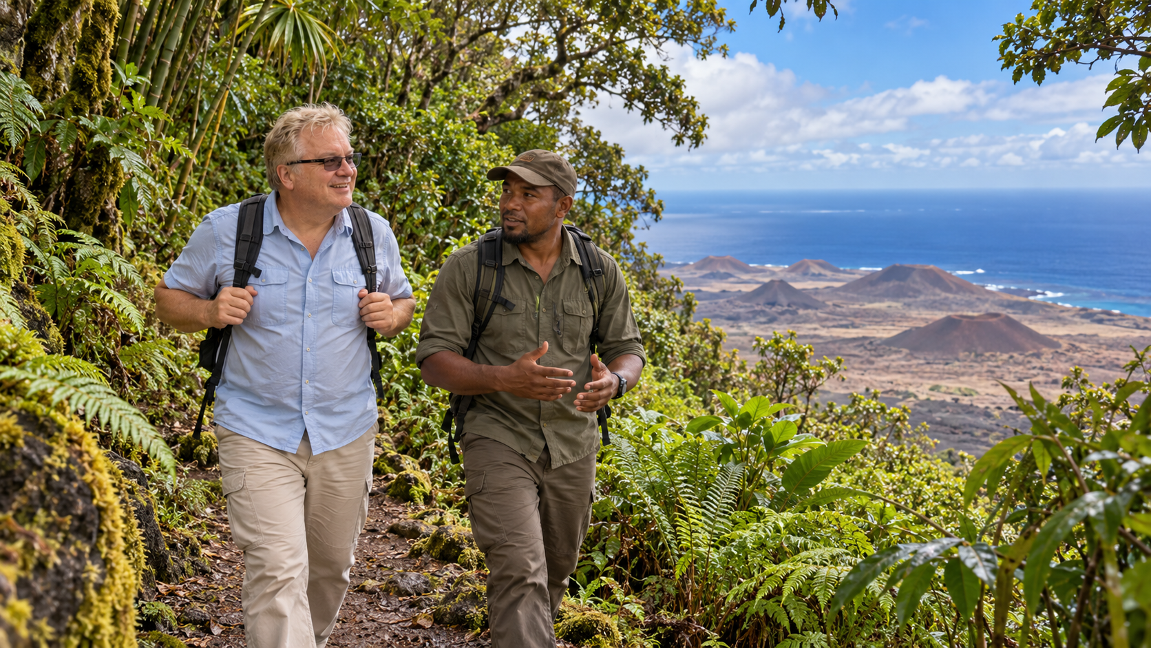Illustrative scene of Radim Kaufmann walking with a conservation guide through the Green Mountain cloud forest, with Ascension Island’s dry volcanic cones below