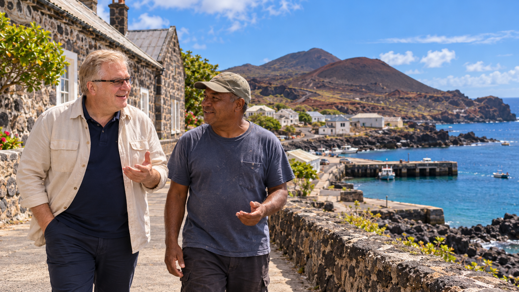 Illustrative scene of Radim Kaufmann speaking with an island resident beside Georgetown’s stone buildings and volcanic harbor landscape