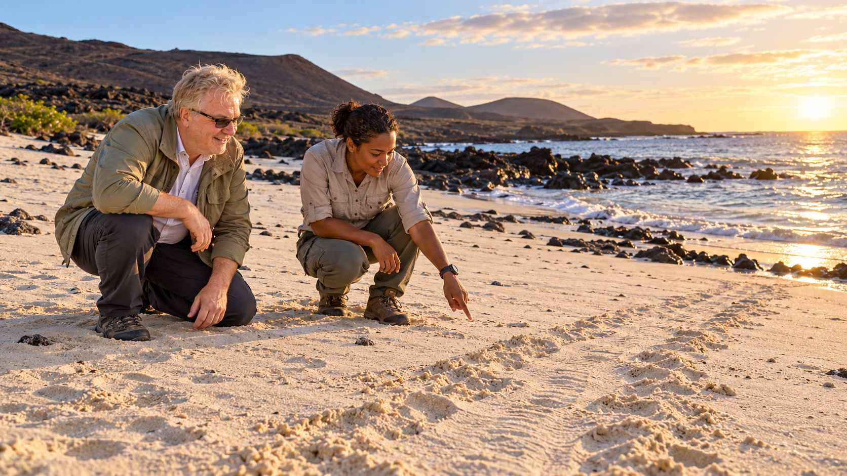 Illustrative conservation scene of Radim Kaufmann and a field worker observing green-turtle tracks on Long Beach without disturbing wildlife
