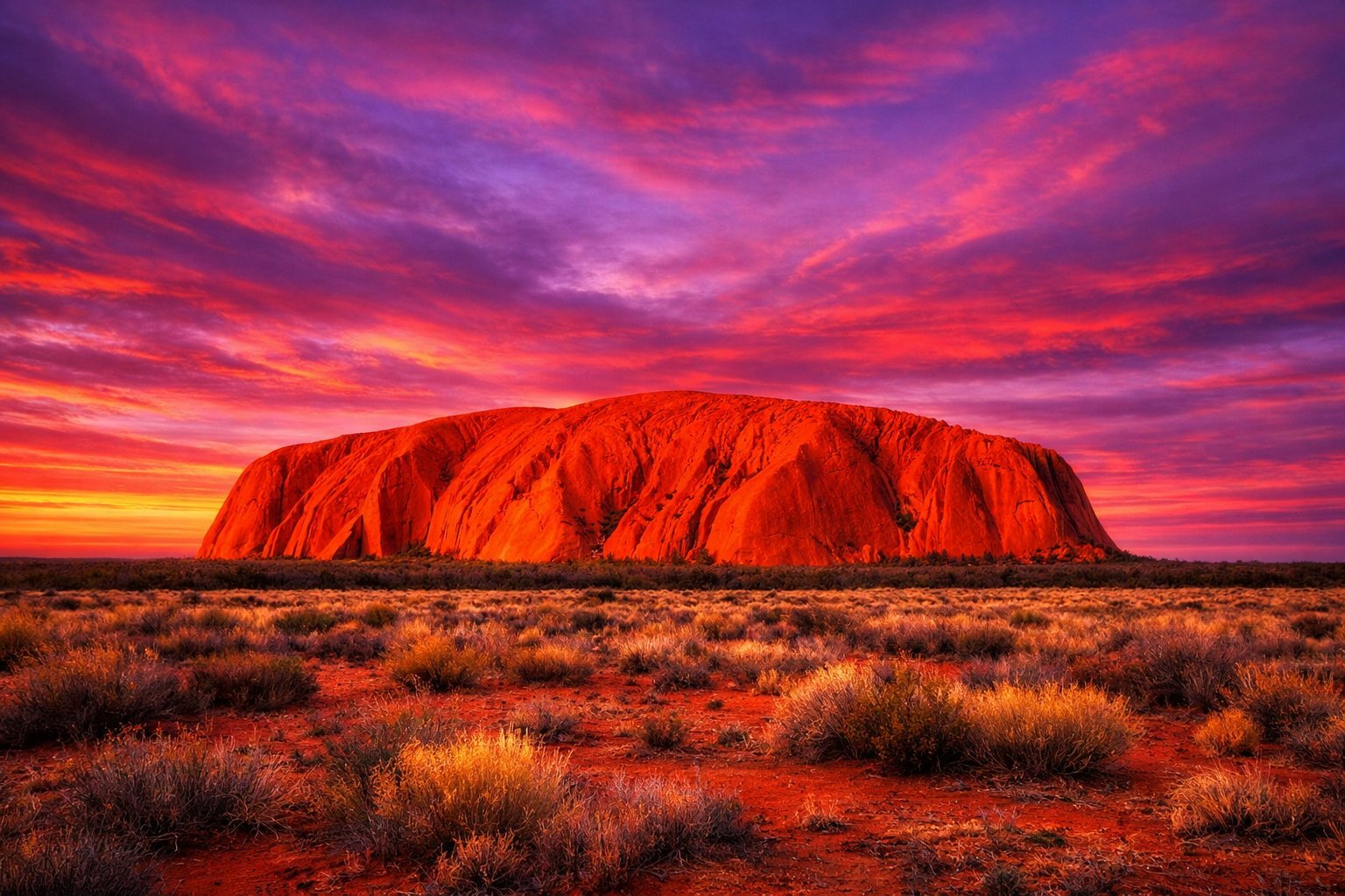 Uluru at sunset with dramatic orange sky